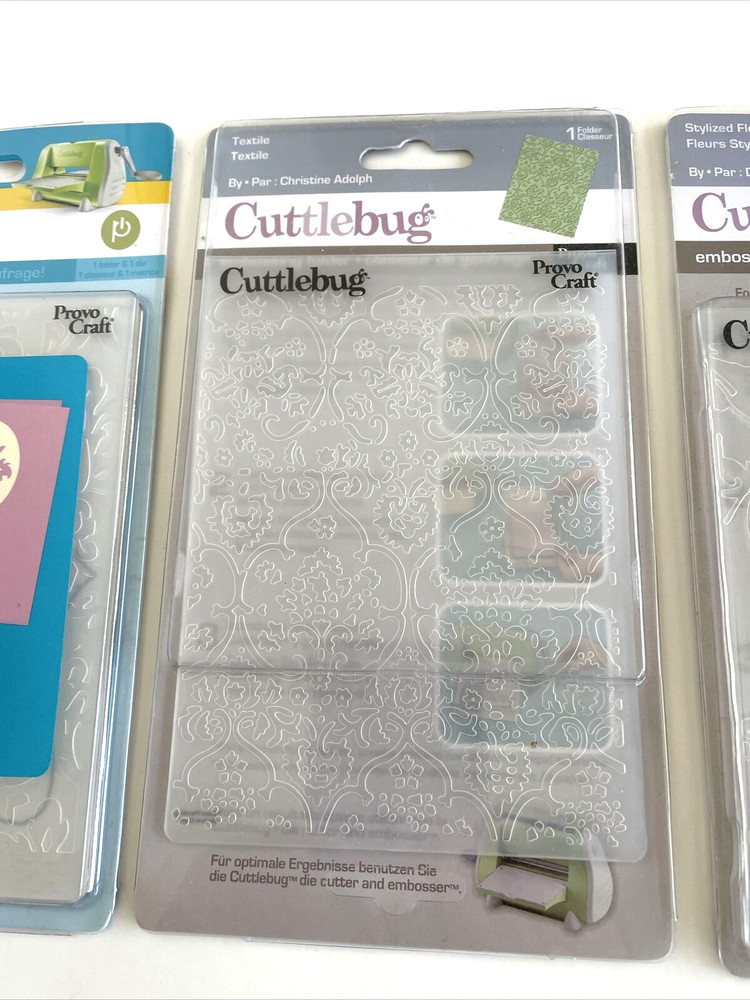 3 Cuttlebug Embossing Folders Flowers, Textile Backgrounds and Damask Frame NOS