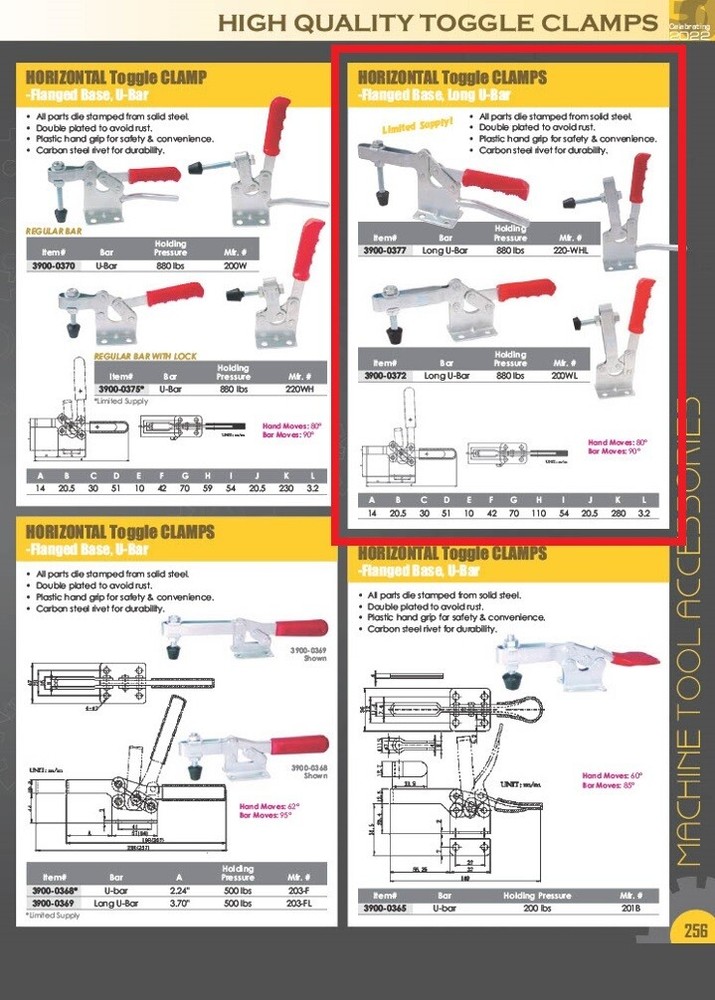 HORIZONTAL LONG SOLID BAR FLANGED BASE TOGGLE CLAMP 880 LBS CAPACITY (3900-0372)