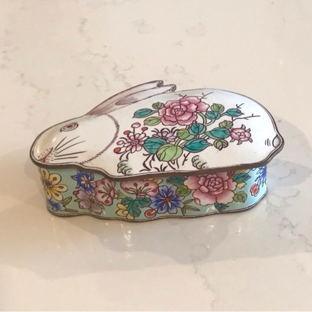 Floral Rabbit metal enameled Trinket Box