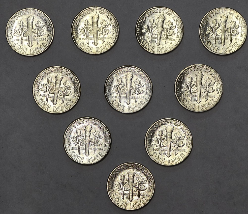 10 × 1955-D Roosevelt Silver Dime Gem BU
