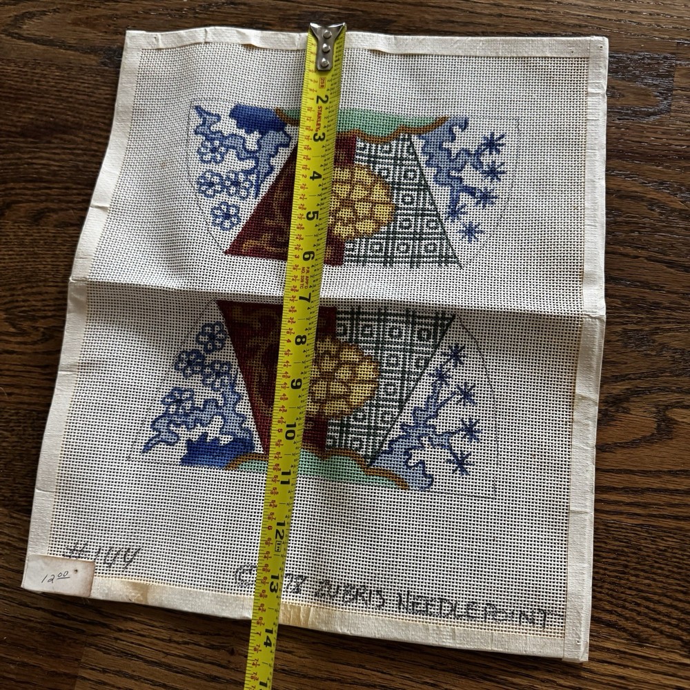 HP Needlepoint ZUBRIS 1978 Asian Pattern Flower Pillow Two Sides Tiny Cushion