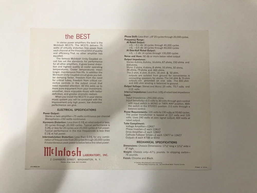 Mcintosh 275 Amplifier brochure/spec sheet