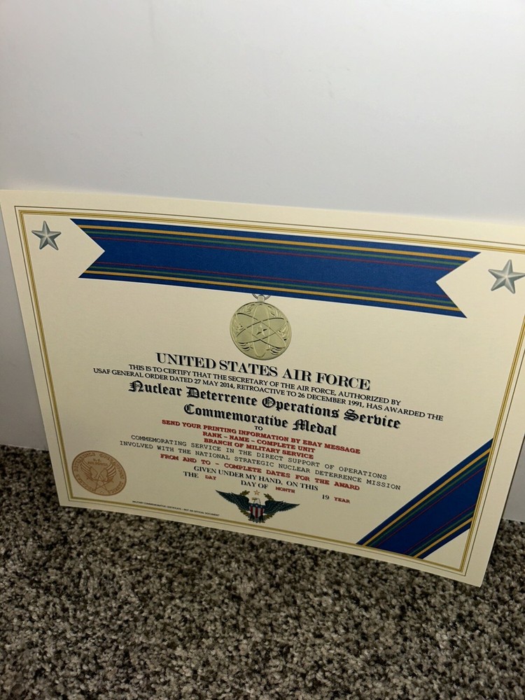 NUCLEAR DETERRENCE OPERATIONS MEDAL COMMEMORATIVE CERTIFICATE ~ W/PRINTING T-1