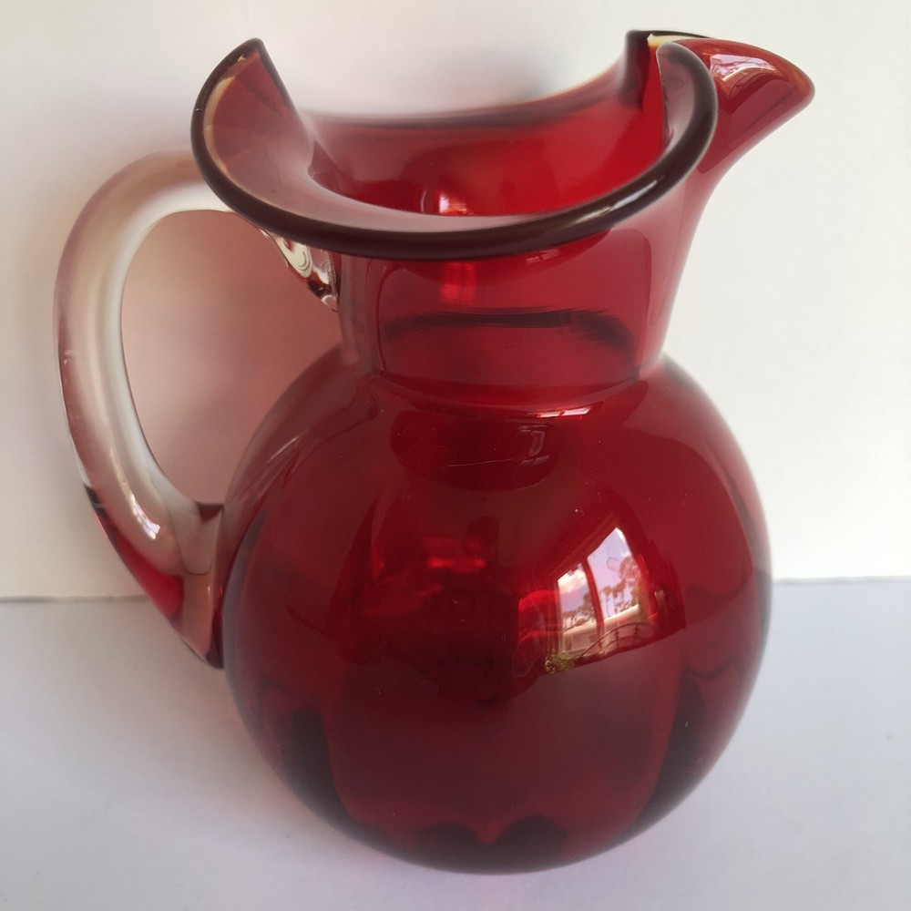 Vintage Ruby Red Hand Blown Glass Pitcher 4.5" Amberina Rim & Applied Handle