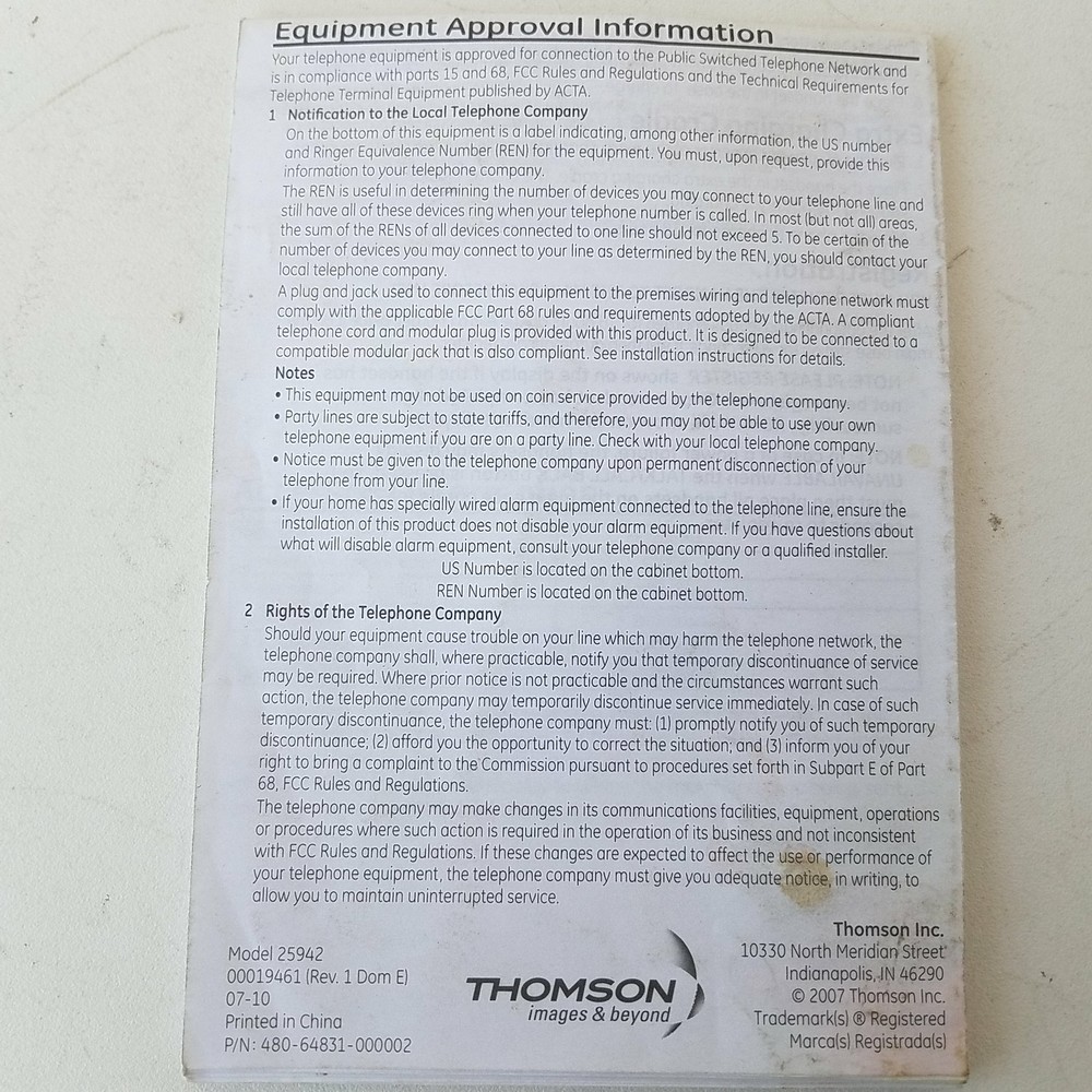 GE Model 25942 Series 5.8 Ghz Cordless Handset Users Guide