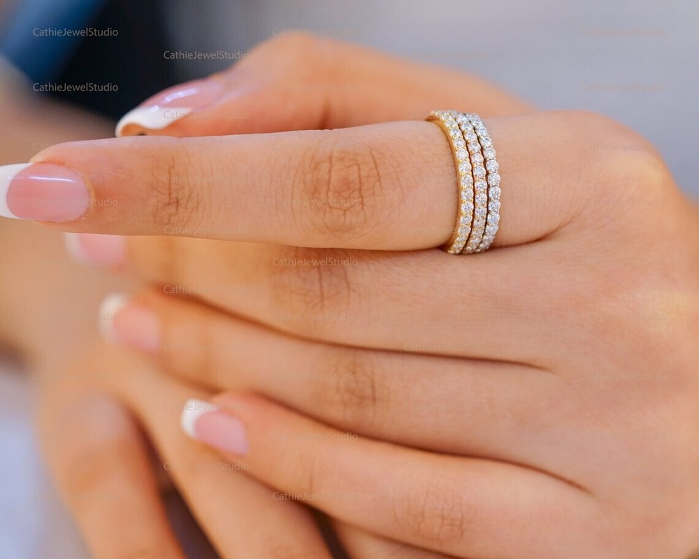 925 Silver Moissanite Wedding Band, stack-able Half Eternity Engagement