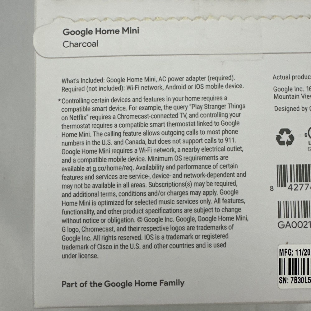 Google Home Mini Smart Assistant Speaker Charcoal (GA00216-US) EUC Never Used
