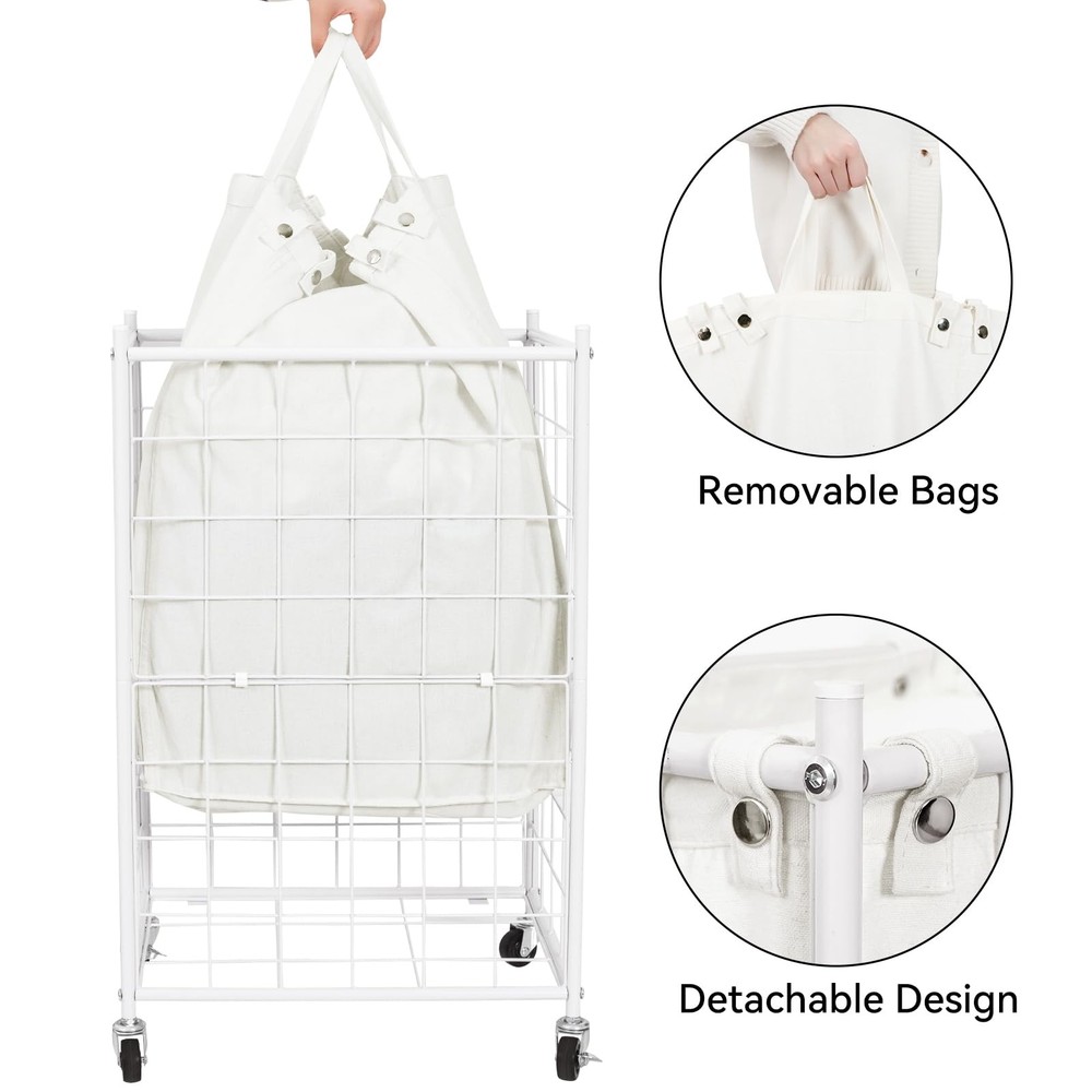Laundry Hamper with Wheels,Metal Wire Frame Rolling Laundry Basket with Remov...