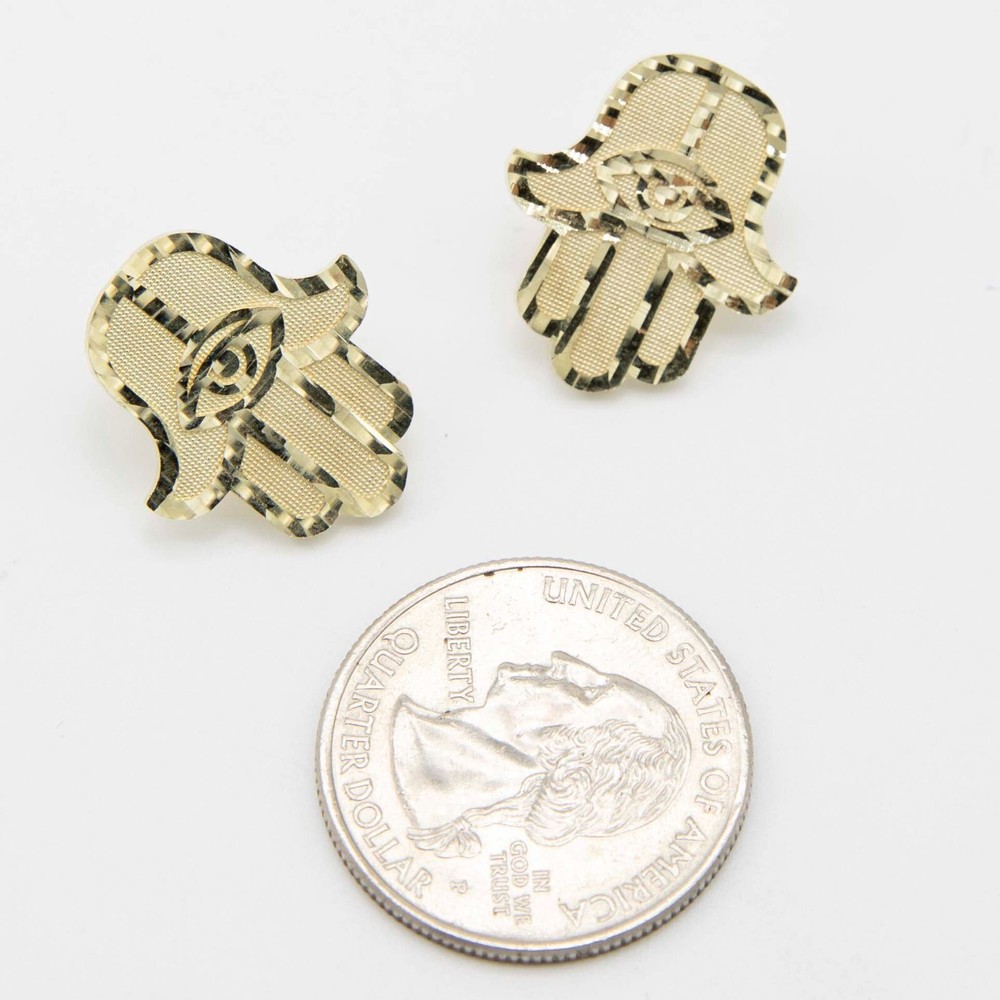 3/4" Diamond Cut Hamsa Stud Earrings Real Solid 10K Yellow Gold