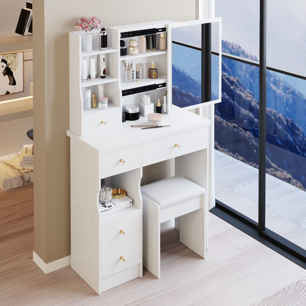 29.2" Small Space Left Drawer Desktop Vanity Table + Cushioned Stool, Extra La