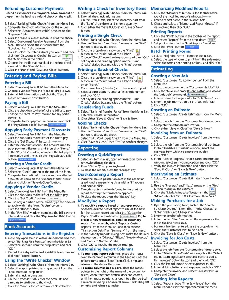 QuickBooks Pro 2024 Training Guide Quick Reference Card 4 Page Cheat Sheet
