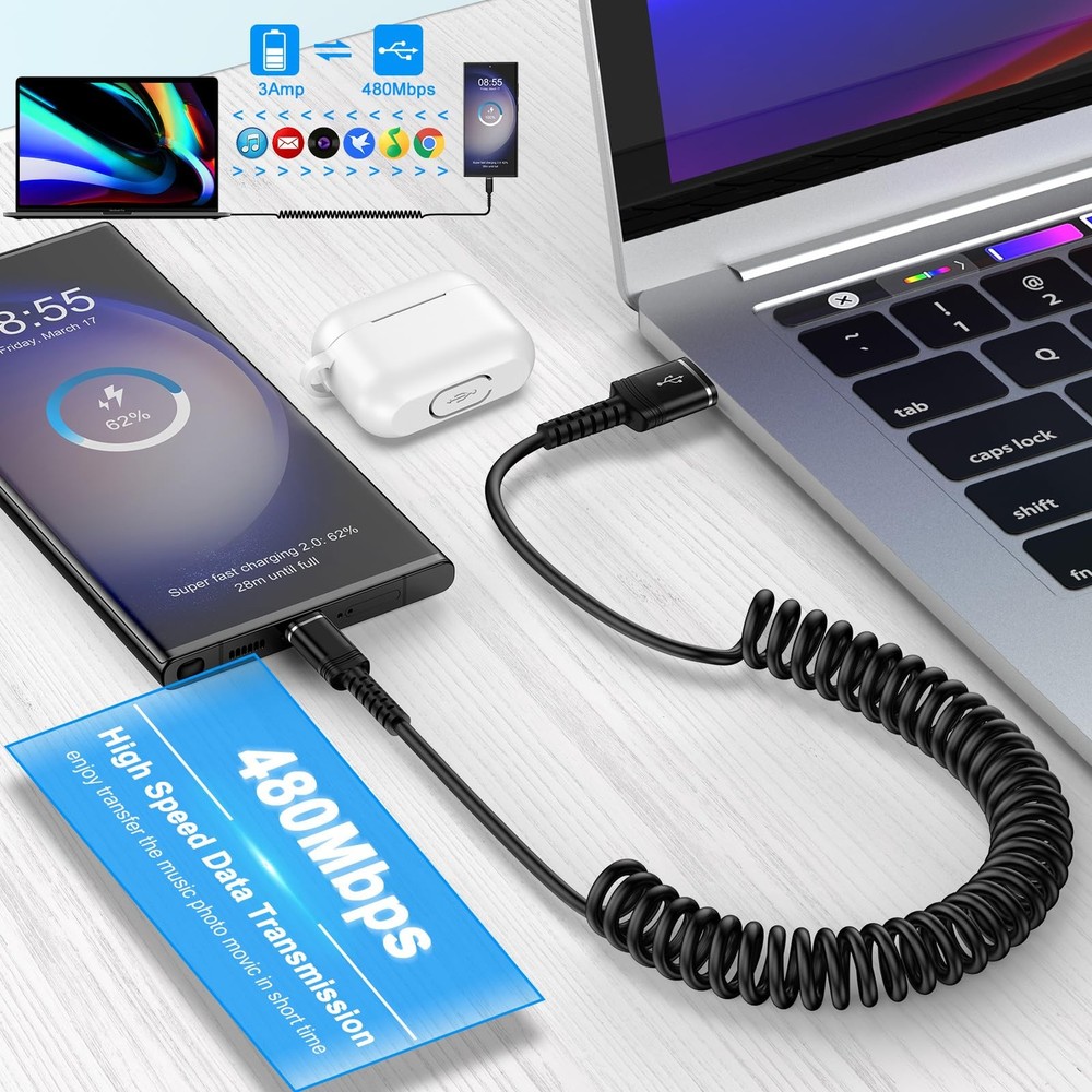 Fast Charger Cable Coiled USB C for Car 3FT Android Auto Type A to C