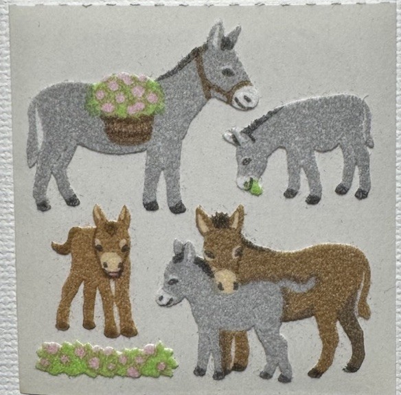 Vintage Sandylion FUZZY FLOCKED PACK MULE DONKEY Stickers Single 2”x2” Module