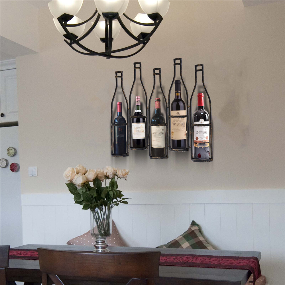 Retro Wall Mounted Wine Rack Kitchen Bar 5 Bottles Holder Storage Display Shelf