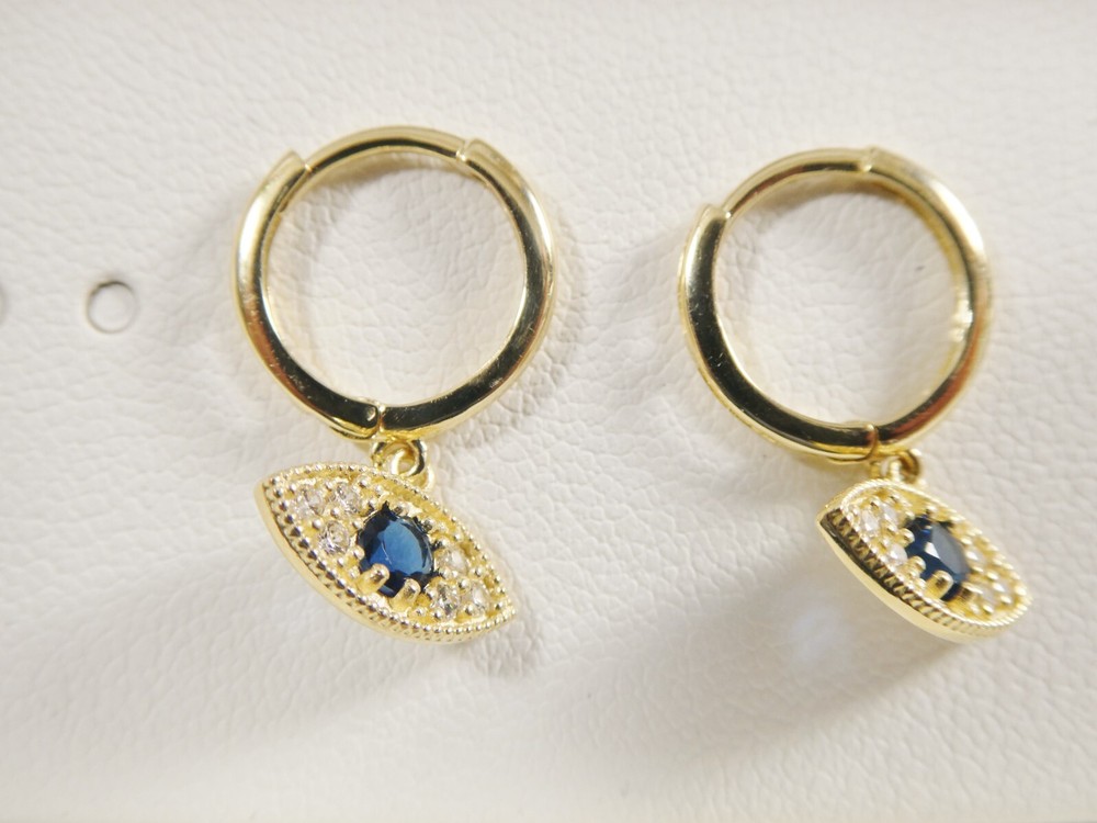 10K REAL SOLID YELLOW GOLD SAPPHIRE EVIL EYE DROPPING HOOP EARRING