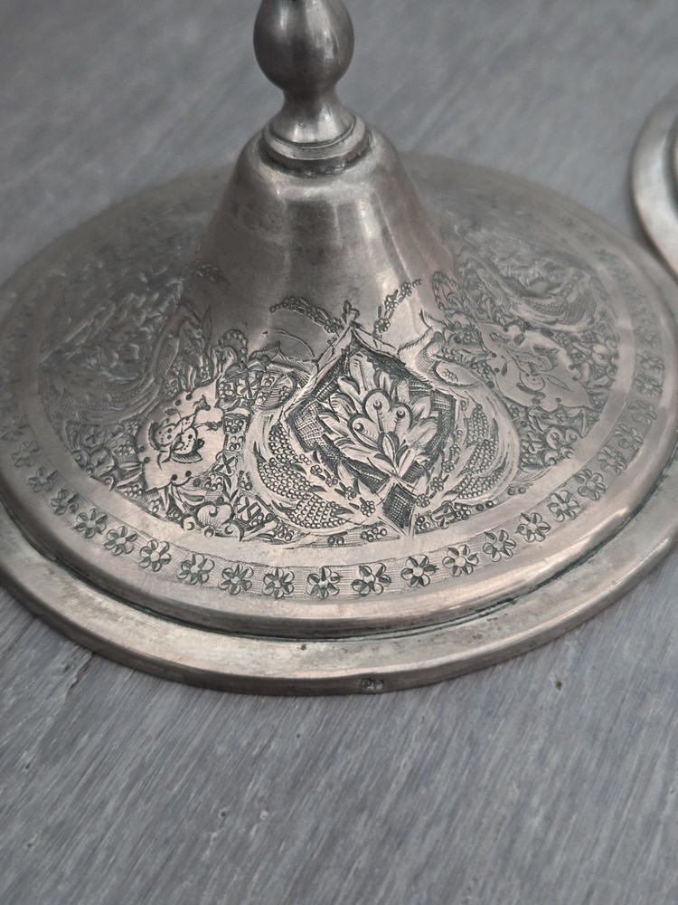 exceptional Antique Pair Of Middle Eastern Solid Silver Candle Holders