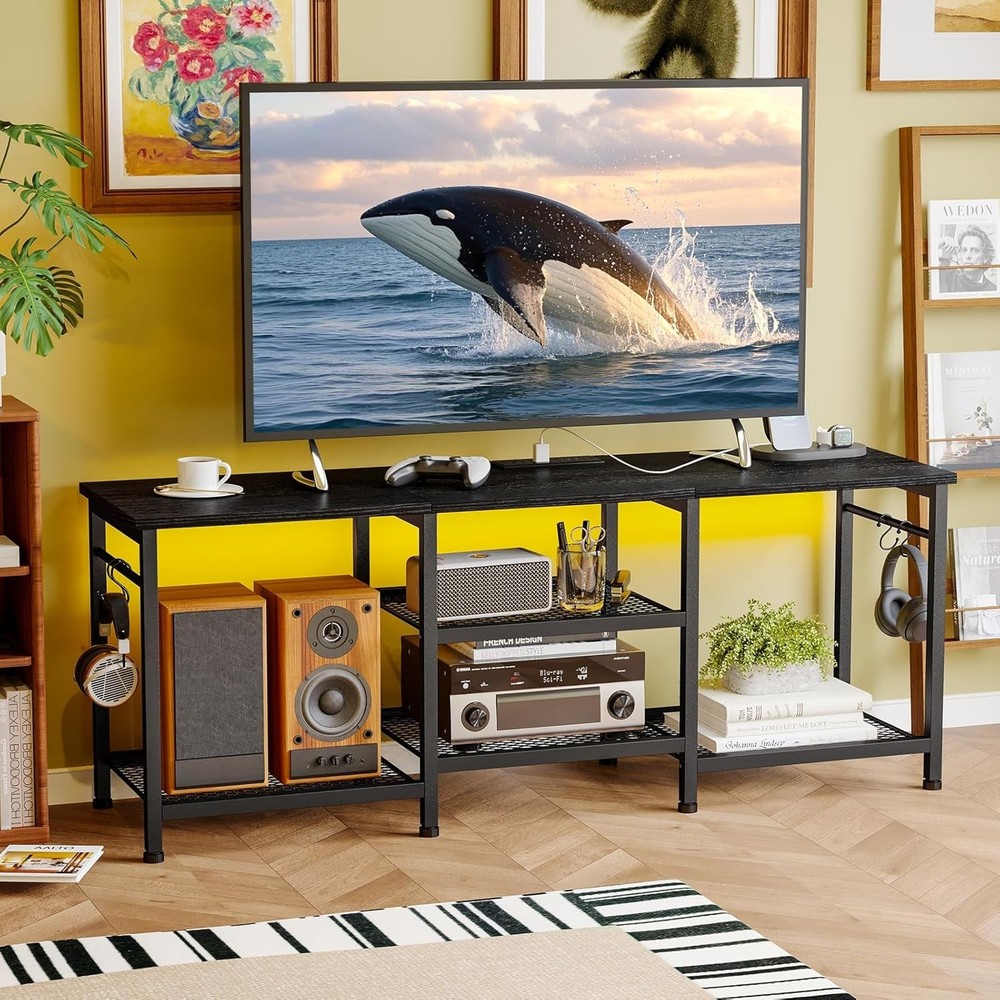 Versatile Black TV Console with LED Lights & Large Open Storage for Media