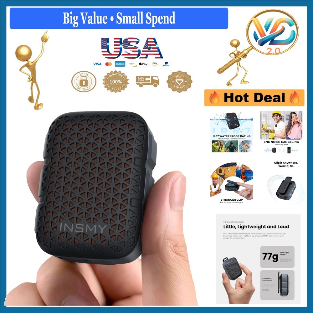 Waterproof Bluetooth Clip-On Speaker  Wireless Stereo Mic Light Compact Black