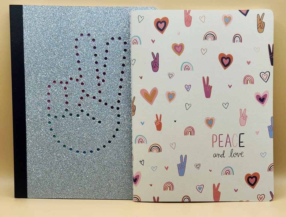 Peace & Love Notebook Set, Glitter Rainbow, Pink Light Studio Illustration, NEW