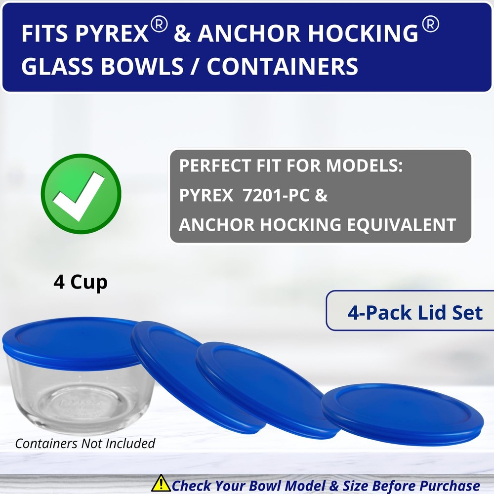 Klare Ware 4 Cup Replacement Lids/Covers for Pyrex 7201, Anchor Hocking & Kla...