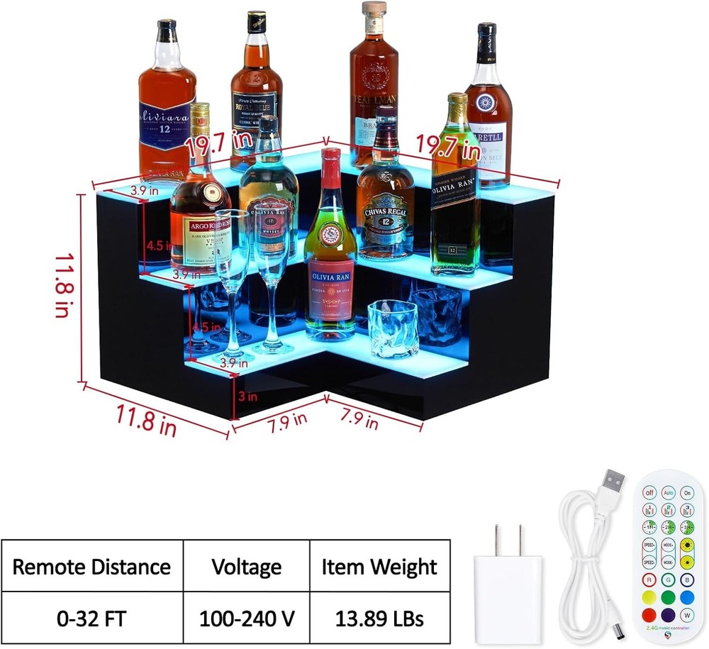 3 Layers Acrylic LED Lighted Bar Shelf Display Wine Racks 20'' With App Control