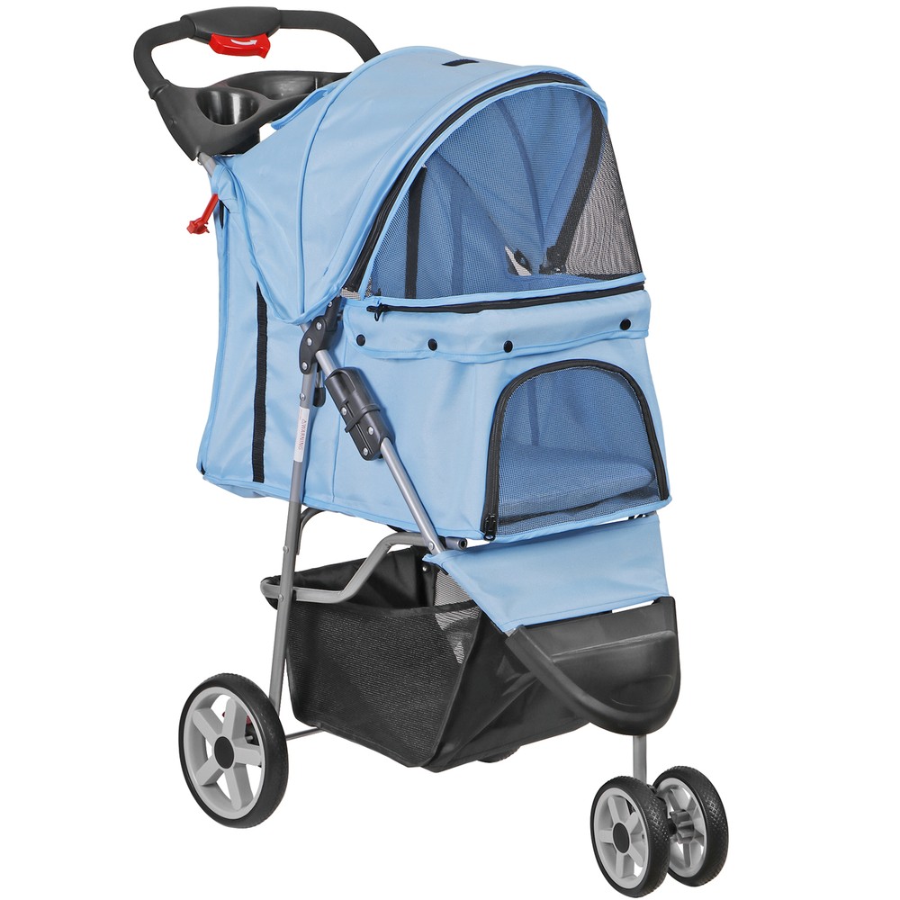 3-Wheels Foldable Pet Stroller Dog Cat Stroller w/Storage Basket Cup Holder Blue