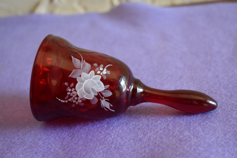 Fenton Glass Small Ruby Red Optic Bell Hand Painted Floral Scene Signed Freda K