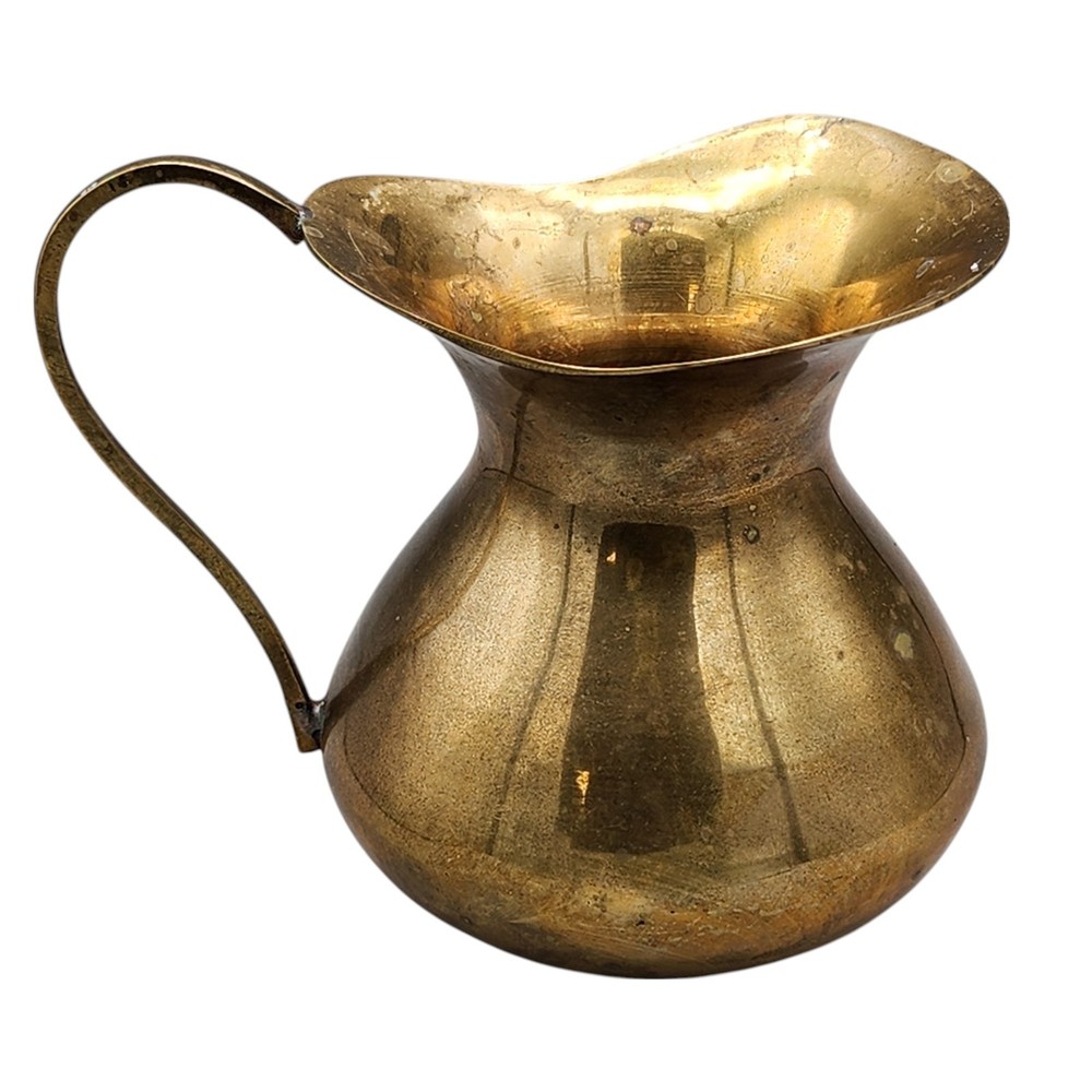 Vintage Solid Brass Pitcher 4.5" Tall Small Handled Made in India Decor Only