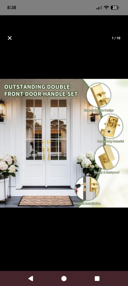 Modern Double Front Door Handle Set, Brushed Gold Square Entry Lock with Keys