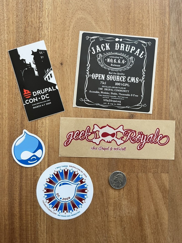 Drupal Drupalcon DC 2009 sticker lot, web development open source decals