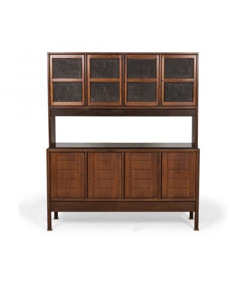 Dunbar Walnut Two Part Sideboard Credenza Breakfront Carved Slate Inserts