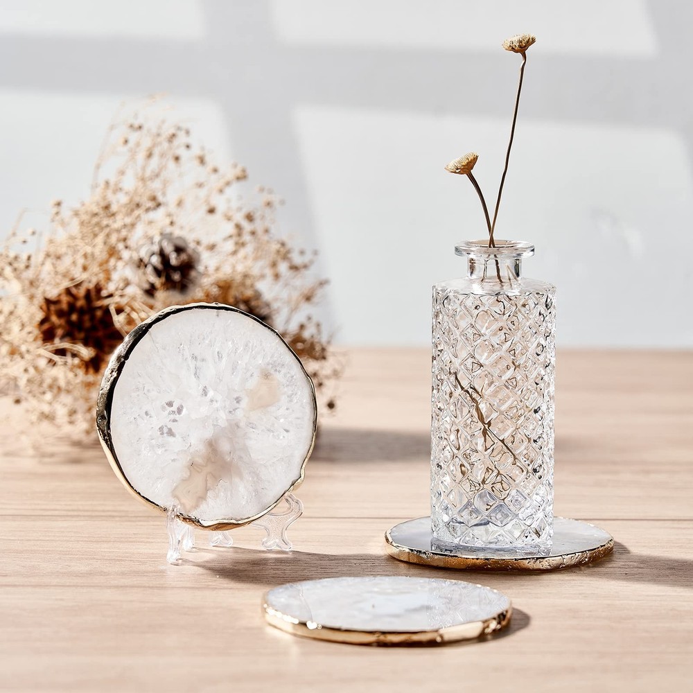 White Agate Coasters for Drinks, Crystal Coaster with Gold Edge 3.5-4", Geode...