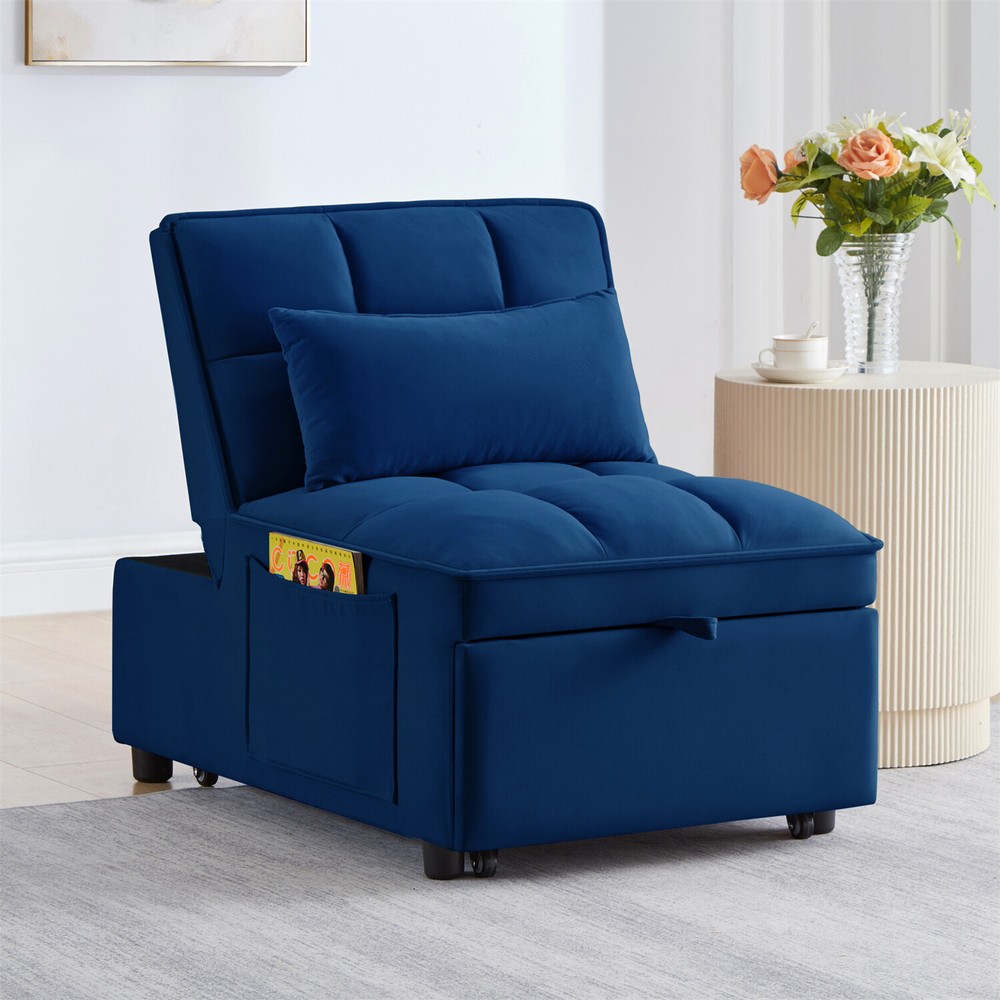 Convertible Sofa Bed Multi-Function Folding Recliner Sofa Chair w/ Pillows Navy