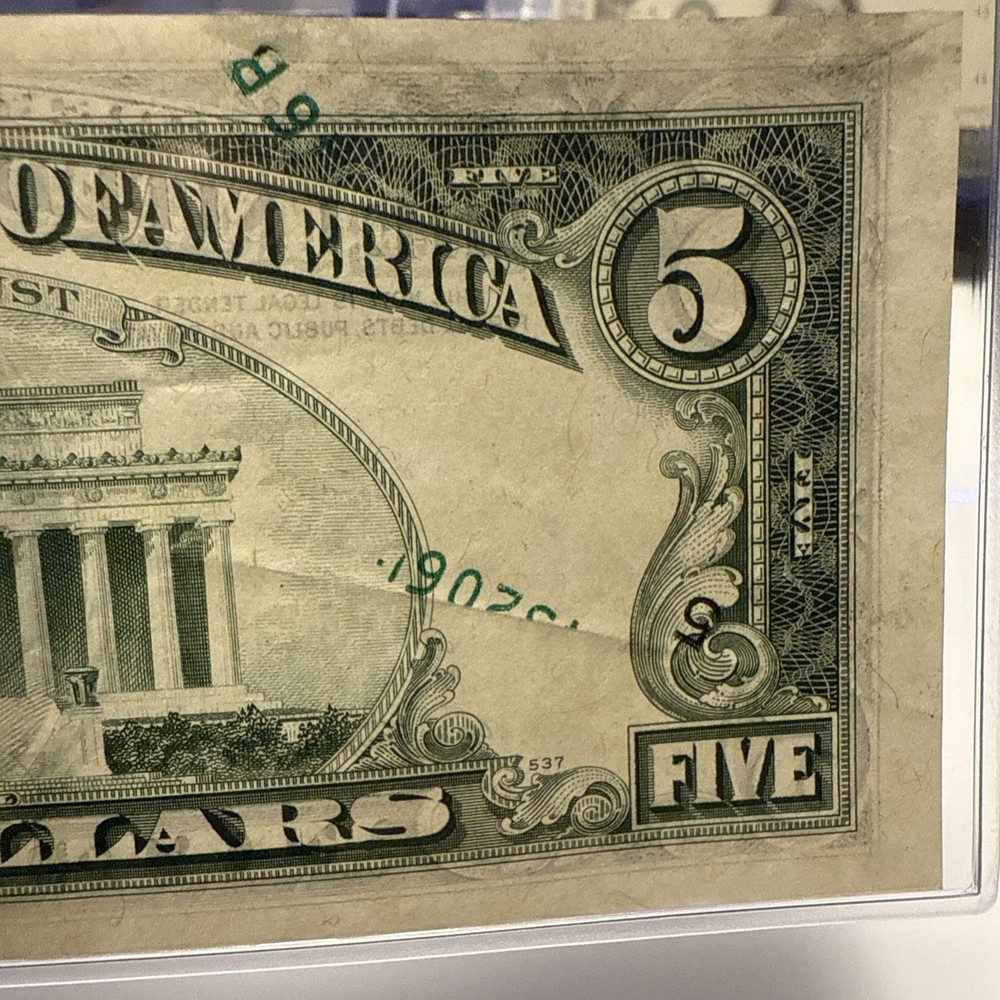 1977A $5 MAJOR MISALIGNMENT OVERPRINT FOLD ERROR (AU+) Federal Reserve Note!