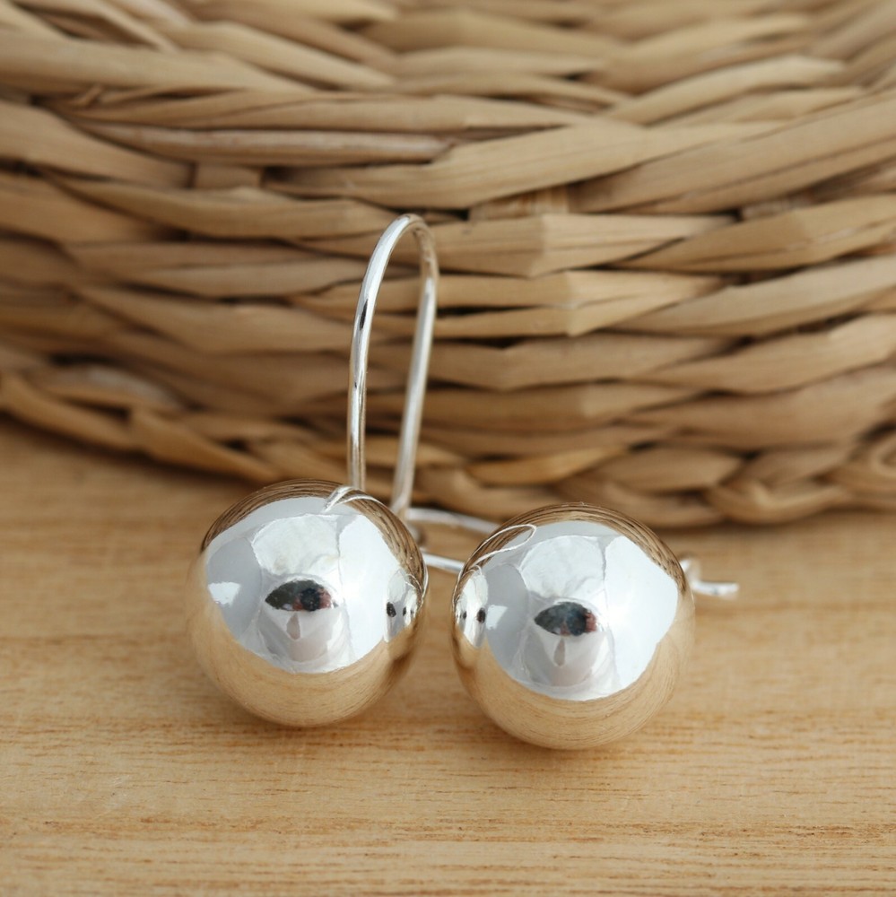 925 Sterling Silver Plain 12mm Ball Dangle Drop Earrings Gift Boxed