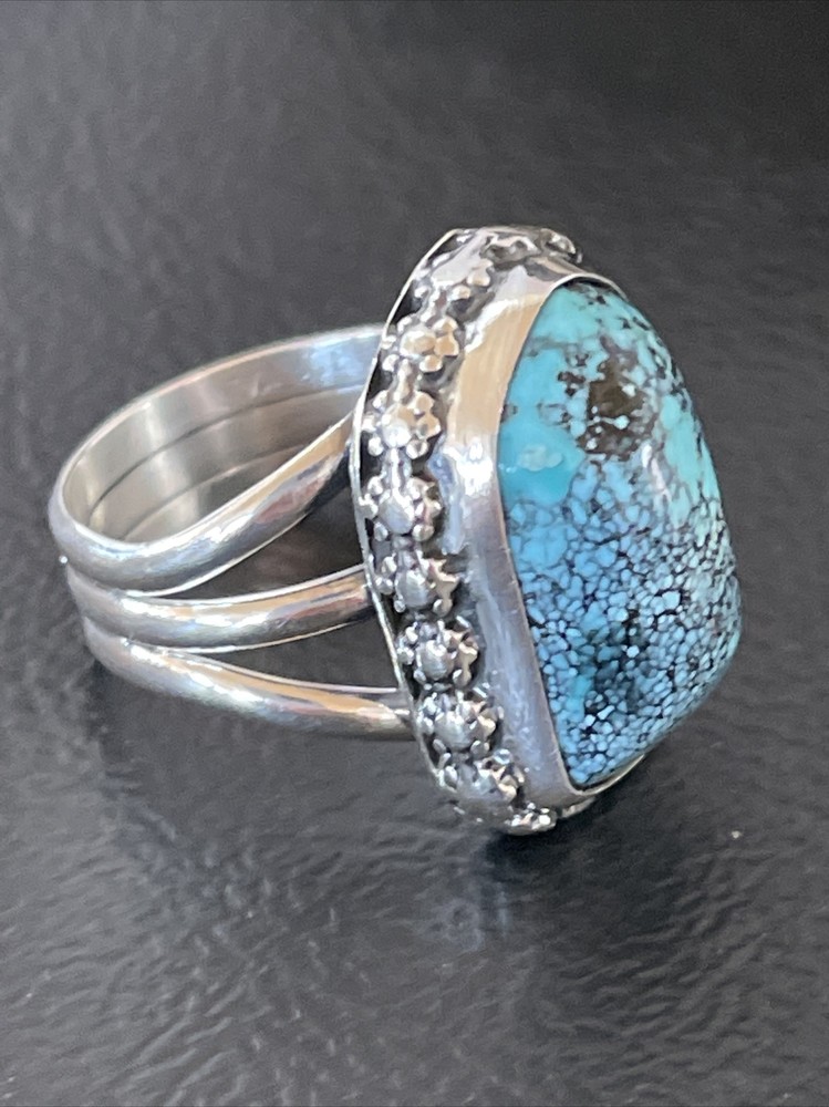 Blue Spiderweb Turquoise Navajo Sterling Silver Ring Size 6 10304