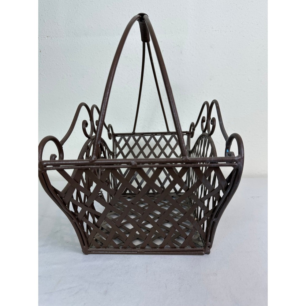 Cast Iron Decorative Basket Plant Holder Lattice Scroll Handle Rustic Planter