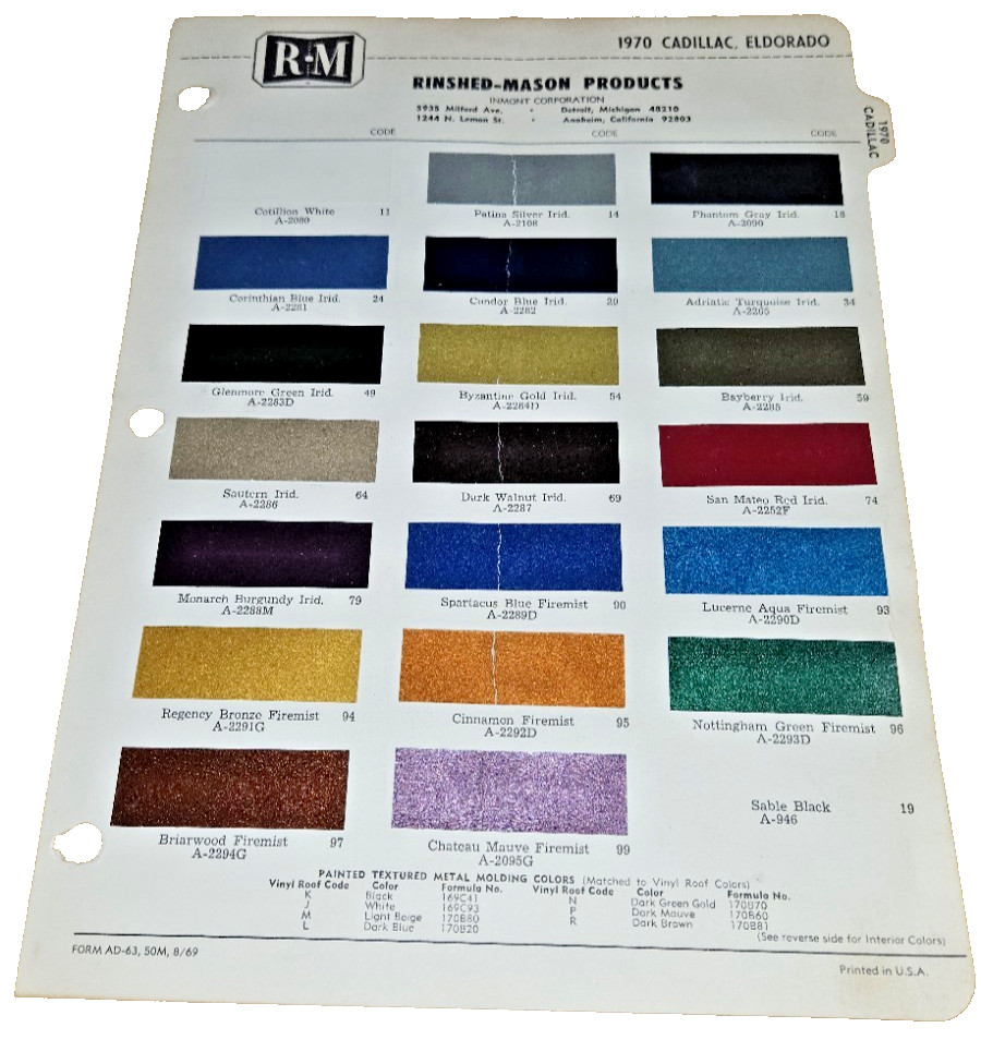 1970 CADILLAC Eldorado PAINT CHIPS Chart RM Automotive Color List Codes chip