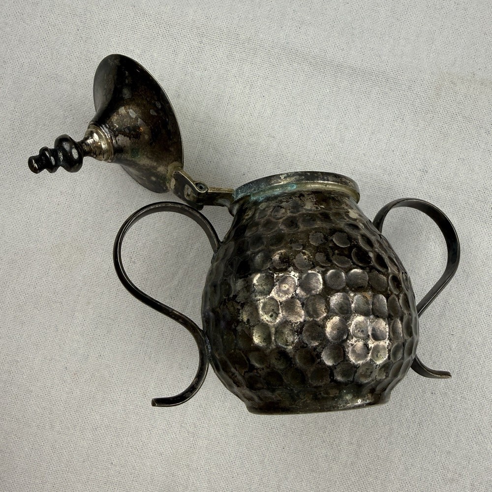 Vintage Hammered Silver Plate Sugar Bowl Hinged Lid Double Handle