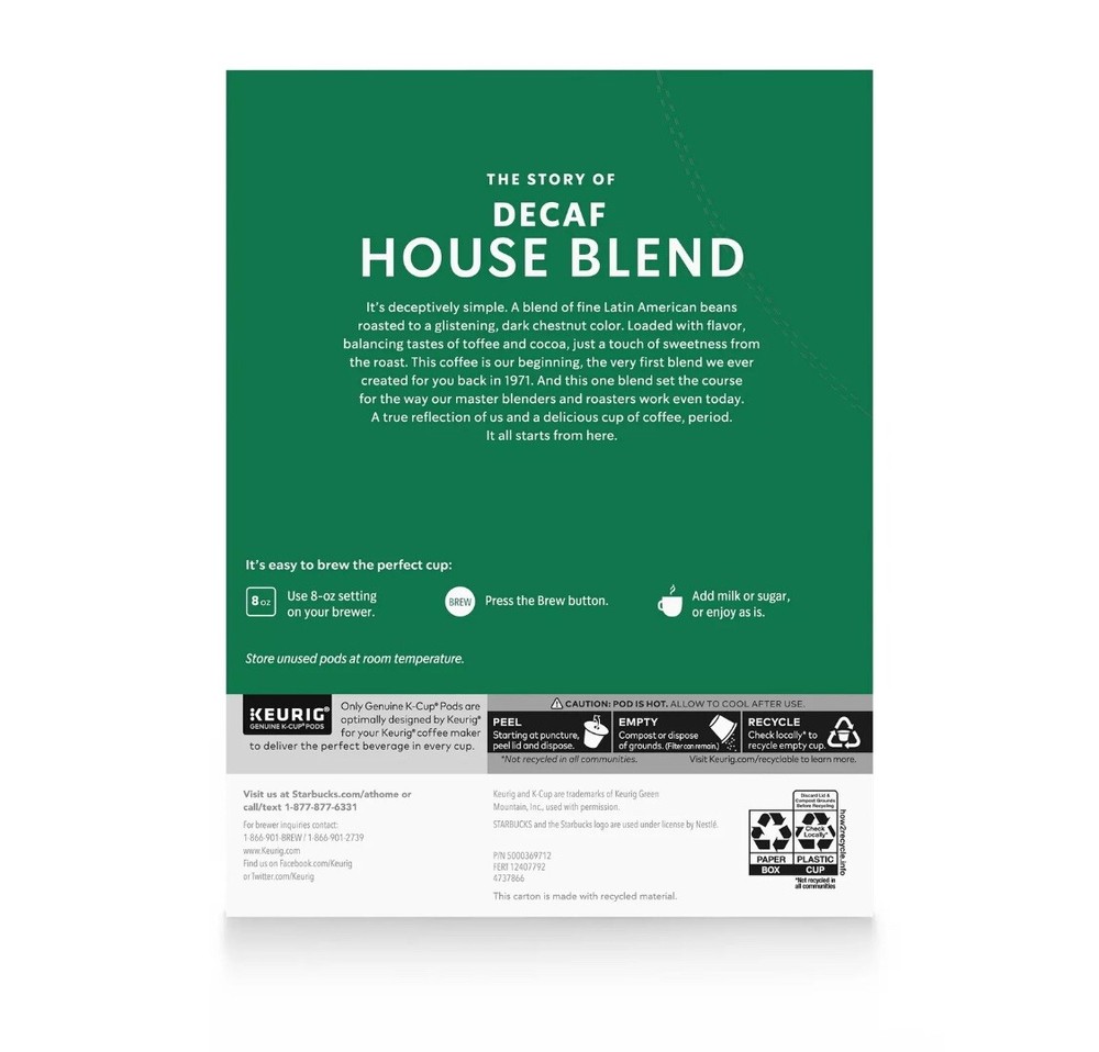 Starbucks Decaffeinated House Medium Roast K-Cup Coffee Pod 22 Count K Cup DECAF