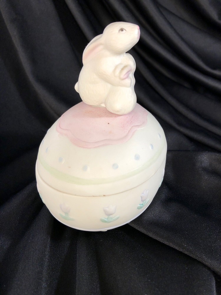 Vintage Hand Painted Easter Egg Bunny rabbit hugging baby Trinket Box