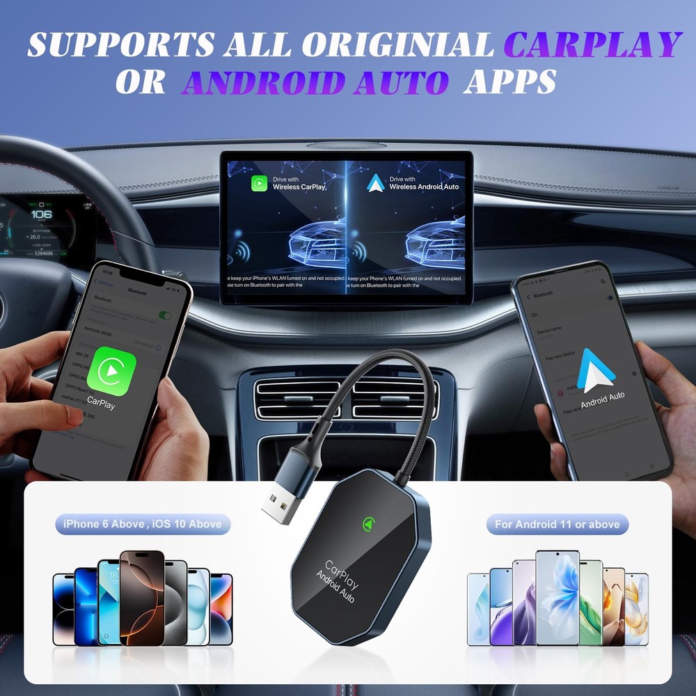 Wireless Carplay Adapter, 2 in 1 CarPlay & Android Auto Black