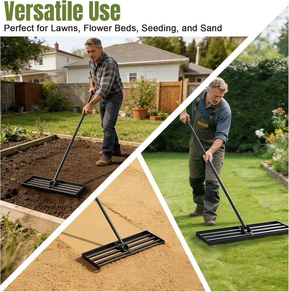 30" Lawn Leveling Rake with Adjustable Handle and Rotating Head, Steel Construct