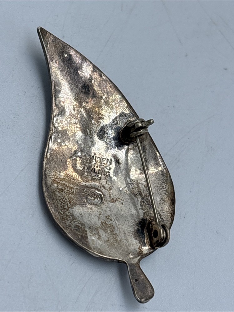 Leaf Shaped Mexican Abalone Shell Vintage Sterling Silver Brooch