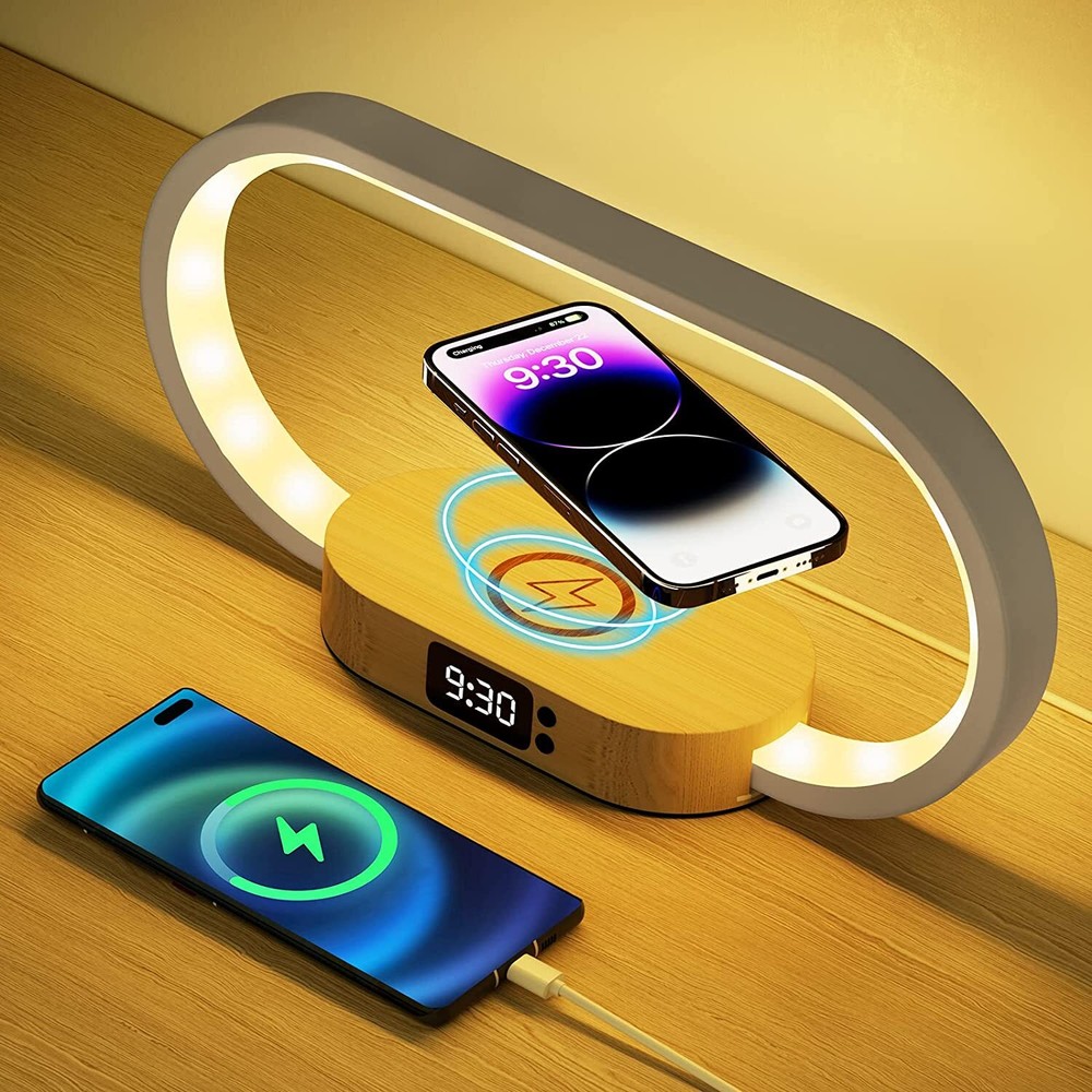 Bedside Table Lamp w/ Clock Wireless Charging LED Desk Lamp Dimmable Nightstand