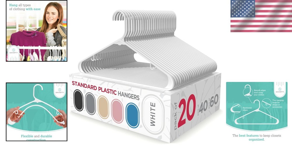 20 Pack Durable White Plastic Hangers - Space-Saving Closet Organization