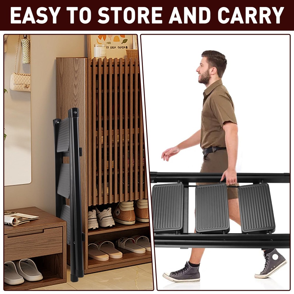 3-Step Ladder, Folding Step Stool for Kitchen/Closet/Garage, 3-Step, Black