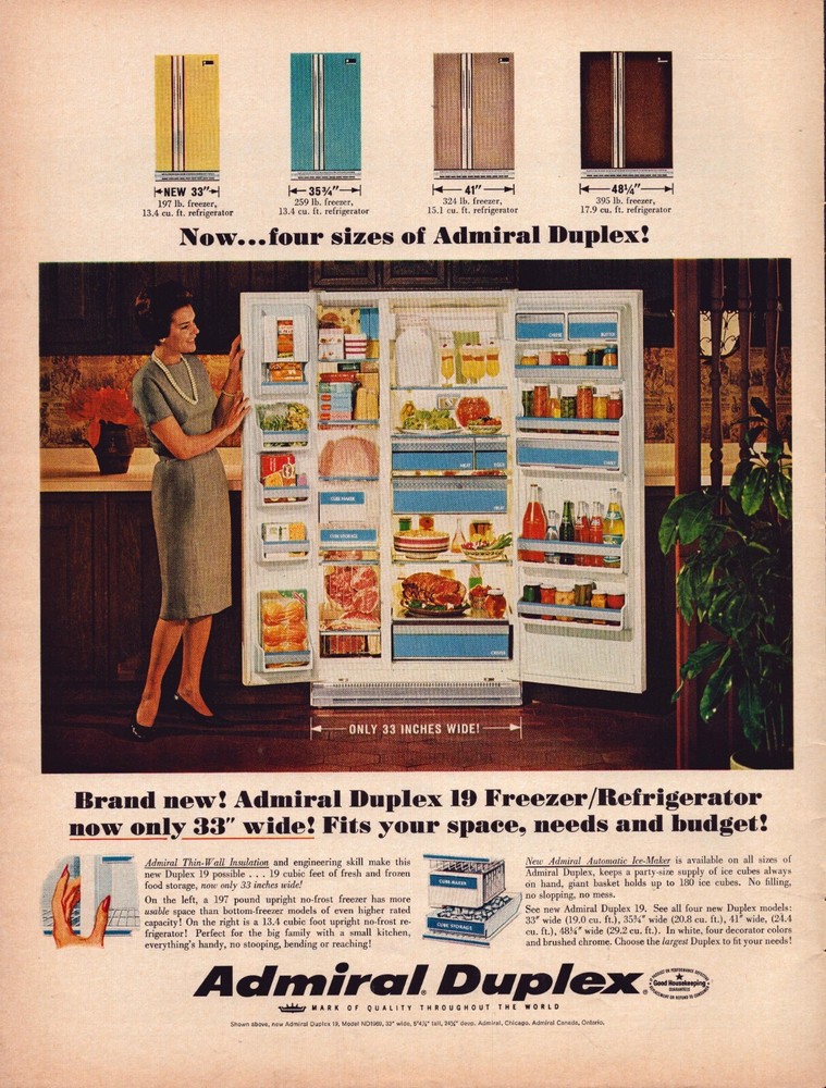 1966 Admiral Refrigerator Print Ad Duplex Freezer Four Sizes