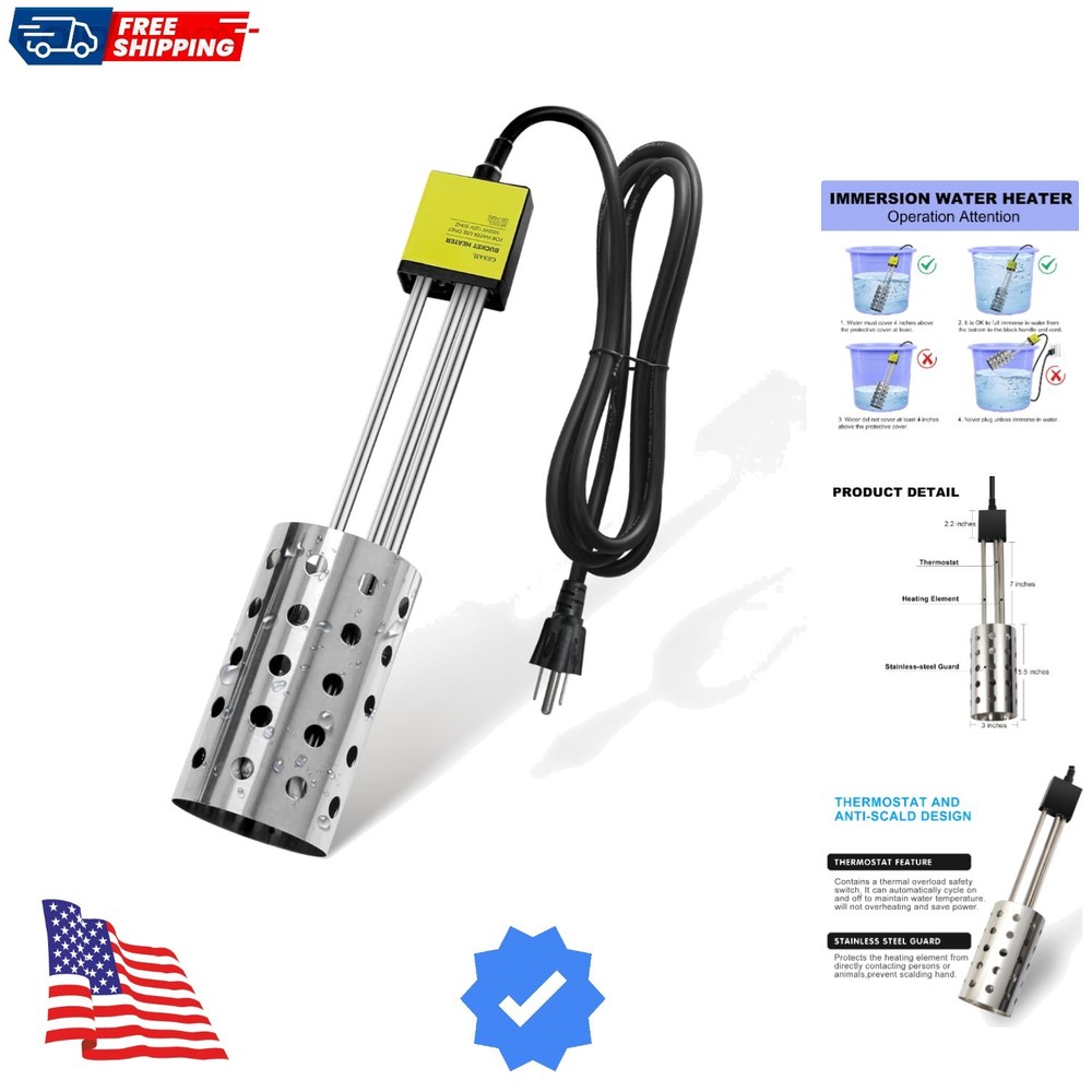 1500W Bucket Heater, Rust Proof Built in Temperature Controller Immersion Wat...