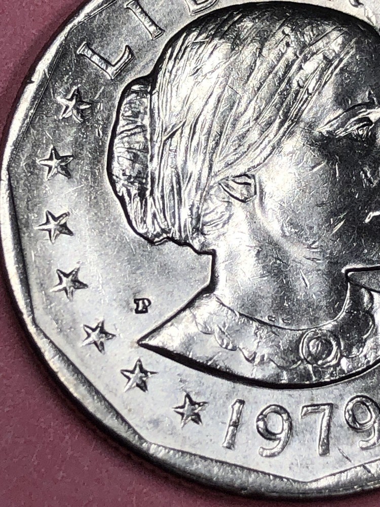 1979 P Susan B Anthony Dollar, Strike Error, Mint Mark Heavy “P”, Edge Error
